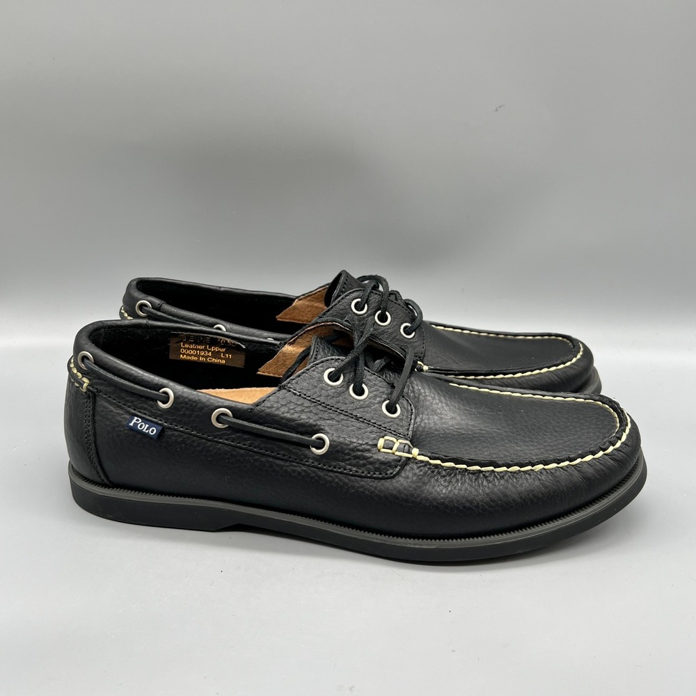 Polo Ralph Lauren Shoes Mens 10.5 Black Leather Bienne Boat Moc Toe Loafers